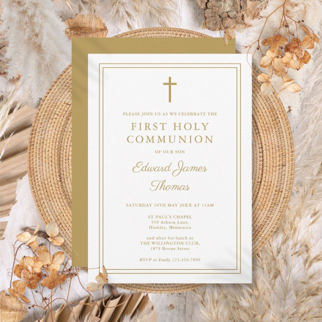 Modern Elegant Gold Border First Holy Communion Invitation (Modern Elegant Gold Border First Holy Communion Invitation)