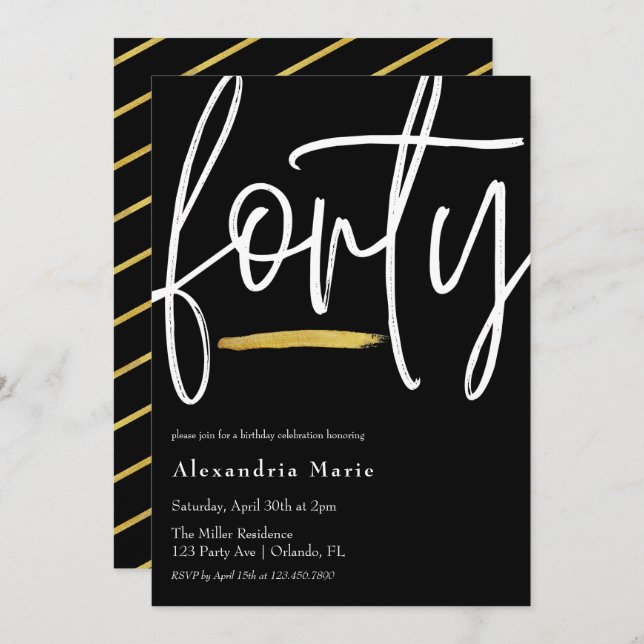 Modern Elegant Gold Brushstroke 40th Birthday  Invitation (Front/Back)