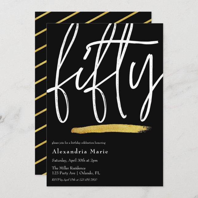 Modern Elegant Gold Brushstroke 50th Birthday Invitation (Front/Back)