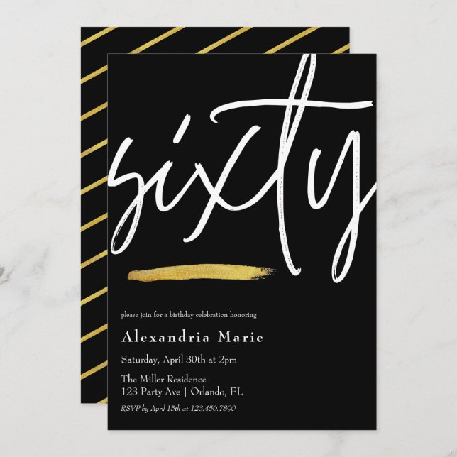 Modern Elegant Gold Brushstroke 60th Birthday  Invitation (Front/Back)