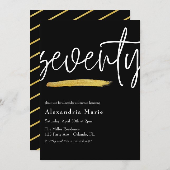 Modern Elegant Gold Brushstroke 70th Birthday  Invitation (Front/Back)