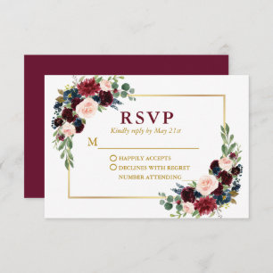Modern Elegant Gold Burgundy Blue Floral Wedding  RSVP Card