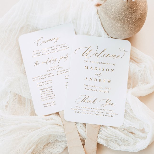 Modern Elegant Gold Calligraphy Wedding Program Hand Fan (Creator Uploaded)