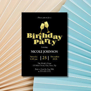 Modern Elegant Gold Champagne Black Birthday Party Invitation