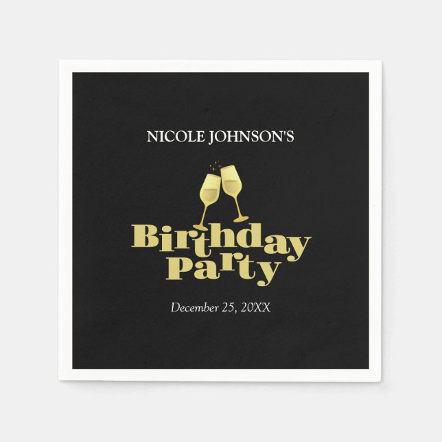 Modern Elegant Gold Champagne Black Birthday Party Napkin (Front)