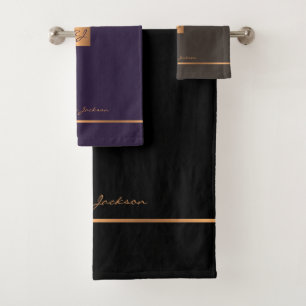 Modern elegant gold chic monogrammed stripes glam bath towel set