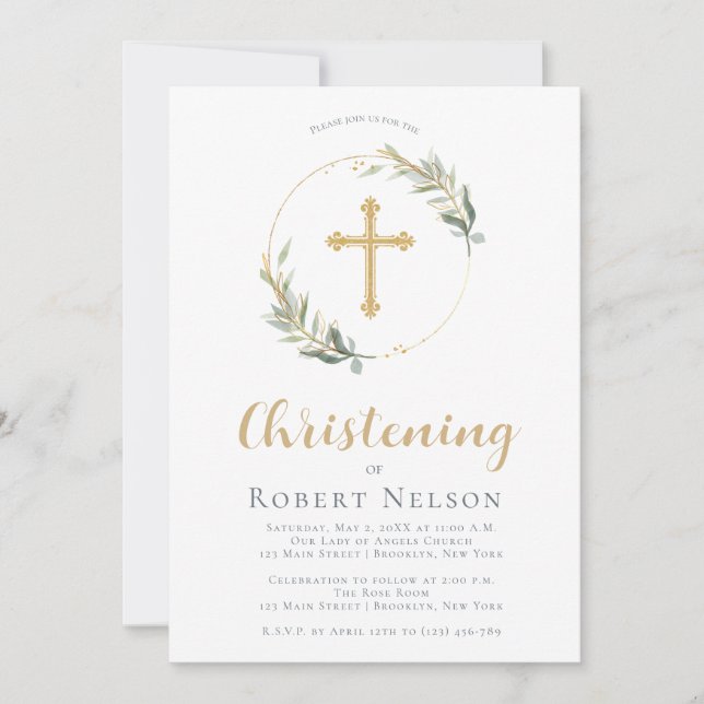 Modern Elegant Gold Circle Baptism Christening  Invitation (Front)