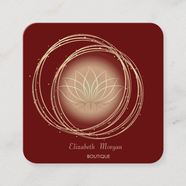 Modern Elegant Gold Circles Lotus Red Square Business Card (Front)