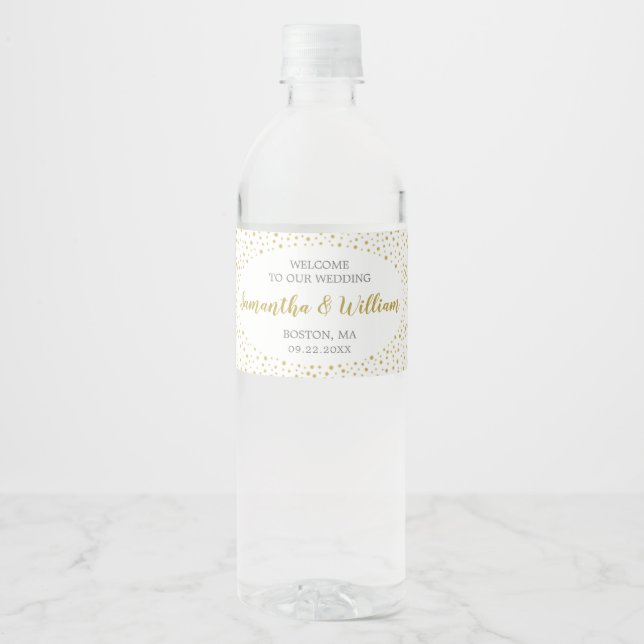 Modern Elegant Gold Confetti Welcome Water Label (Front)