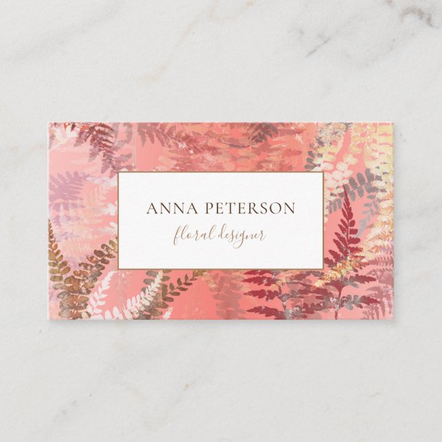 Modern Elegant Gold Coral Pink Fern Leaves Business Card (Front)
