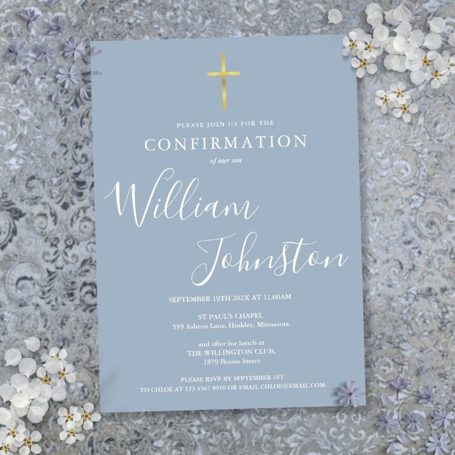 Modern Elegant Gold Cross Dusty Blue Confirmation Invitation (Modern Elegant Gold Cross Dusty Blue Confirmation Invitation)