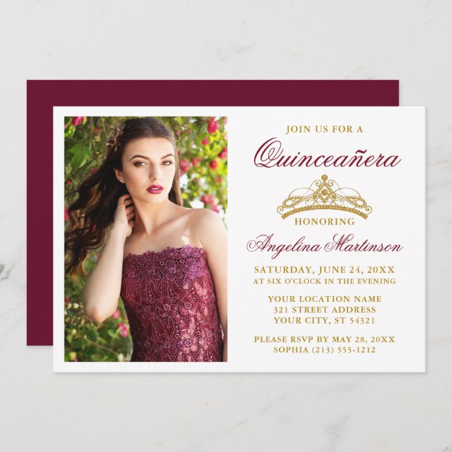 Modern Elegant Gold Crown Burgundy Quinceanera Invitation (Front/Back)