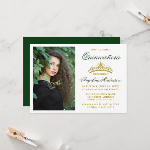 Modern Elegant Gold Crown Photo Green Quinceanera Invitation