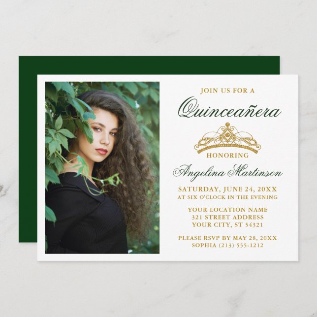 Modern Elegant Gold Crown Photo Green Quinceanera Invitation (Front/Back)