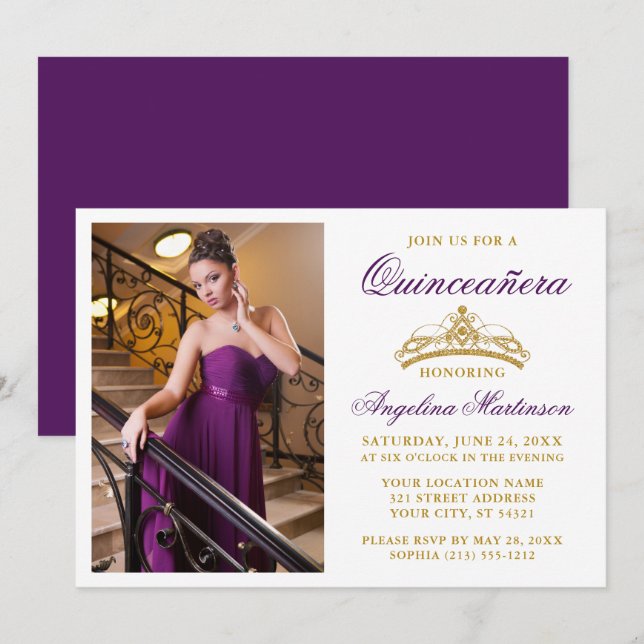 Modern Elegant Gold Crown Photo Purple Quinceanera Invitation (Front/Back)