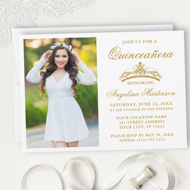 Modern Elegant Gold Crown Photo Quinceanera Invitation (Customize to change text size, style, color or to add text or more photos to back of card.)