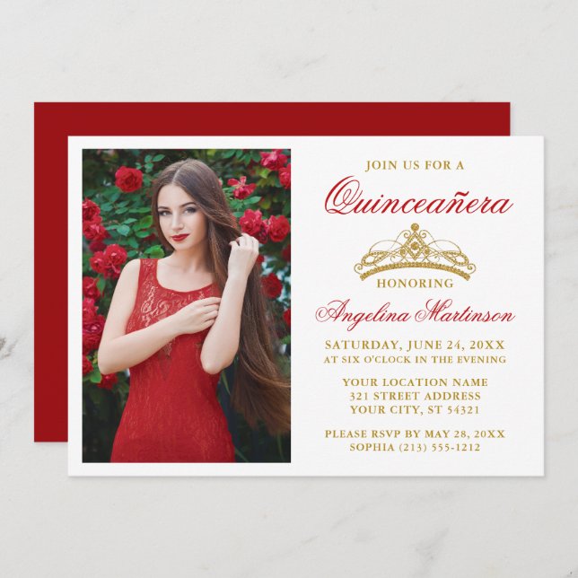 Modern Elegant Gold Crown Photo Red Quinceanera Invitation (Front/Back)