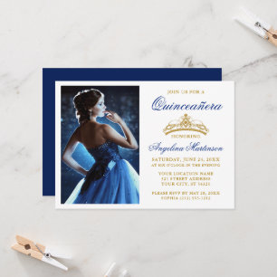 Modern Elegant Gold Crown Royal Blue Quinceanera Invitation