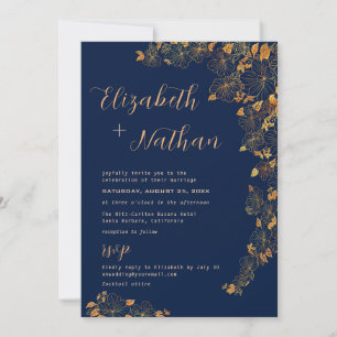 Modern Elegant Gold Floral Navy Blue Quote  Invitation