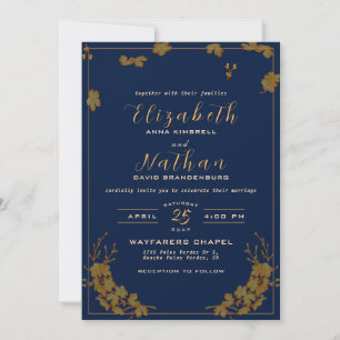 Modern Elegant Gold Floral Navy Blue Wedding Invitation