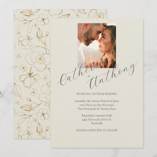 Modern Elegant Gold Floral Photo Wedding Invitation