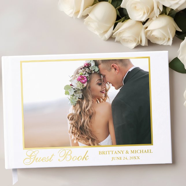 Modern Elegant Gold Foil Photo Wedding Guest Book (Customize to change text size or text style.)
