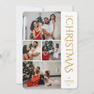 Modern Elegant Gold Four Photo Collage Christmas  Holiday Card