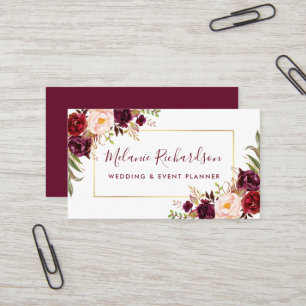 Modern Elegant Gold Frame Burgundy Floral Business Card