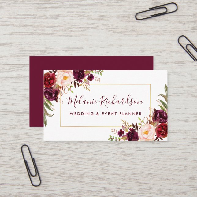 Modern Elegant Gold Frame Burgundy Floral Business Card (Front/Back In Situ)