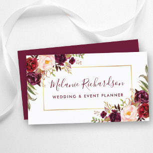 Modern Elegant Gold Frame Burgundy Floral Business Card