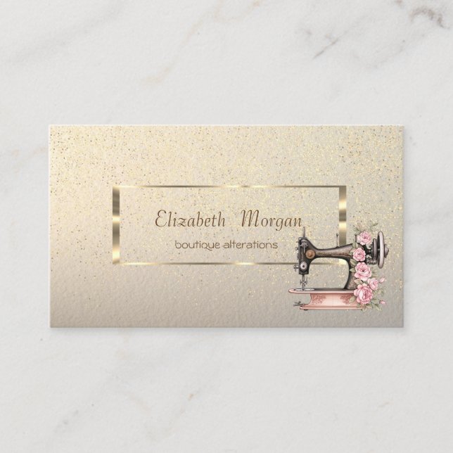 Modern Elegant Gold Frame,Confetti Sewing Machine Business Card (Front)