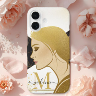 Modern Elegant Gold Glitter Black Monogram  iPhone 16 Case