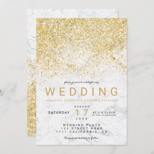 Modern elegant gold glitter white marble wedding invitation (Front/Back)