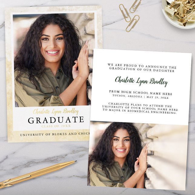 Modern Elegant Gold Graduation Announcement (Elegant gold marble with gold foil graduation announcements for high school college or university)