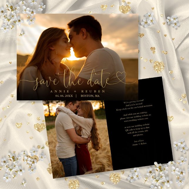 Modern Elegant Gold Heart Script Photo Wedding Save The Date (Modern Elegant Gold Heart Script Photo Wedding Save The Date)