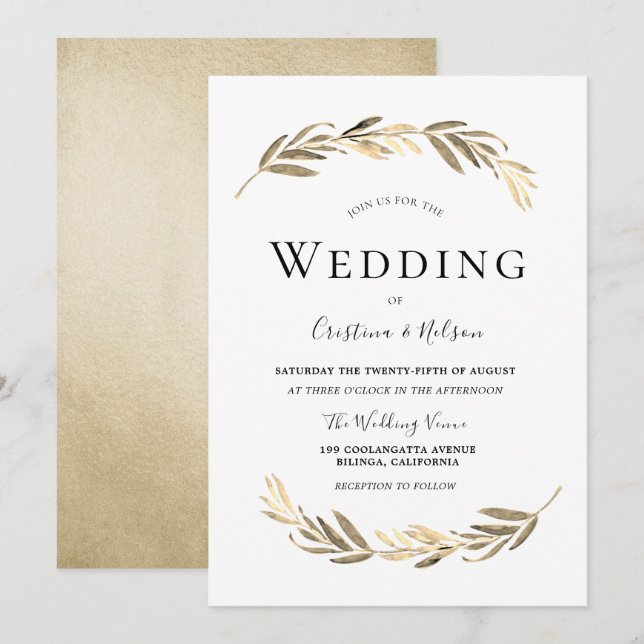 Modern Elegant Gold Leaf All Seasons Wedding Invitation (Front/Back)