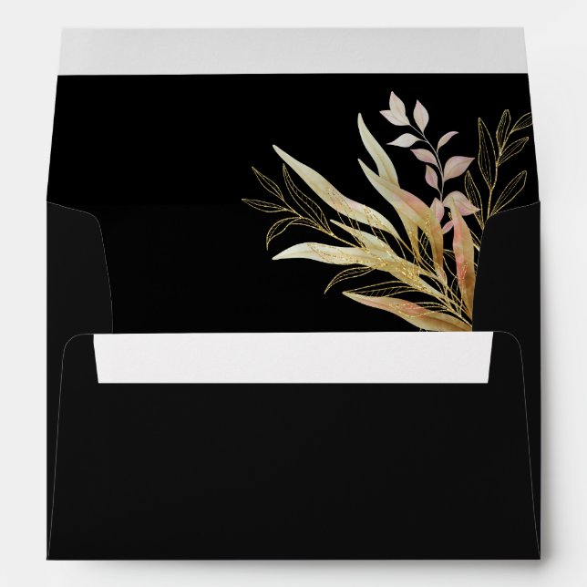 Modern Elegant Gold Leaf Foliage Black Wedding Envelope (Back (Bottom))