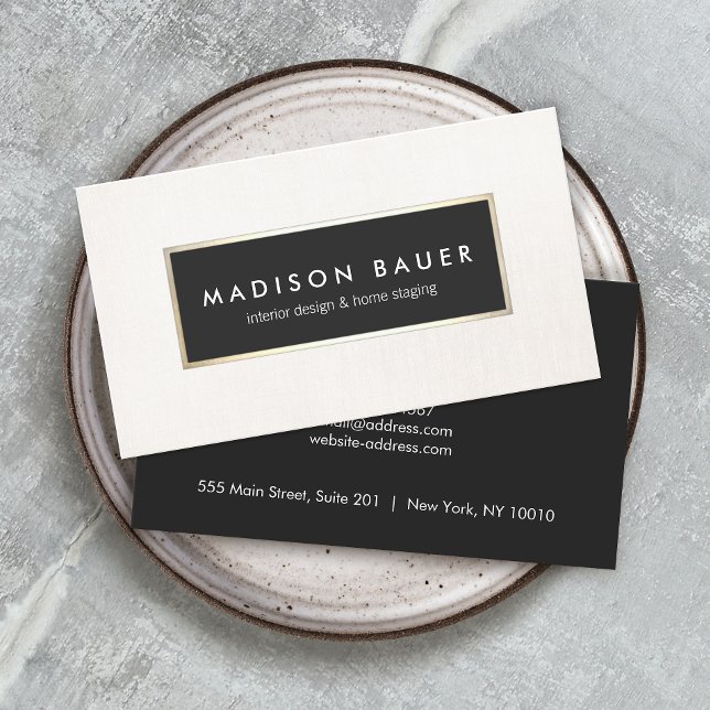 Modern Elegant Gold Lined Black and Beige Linen Business Card (Creator Uploaded)