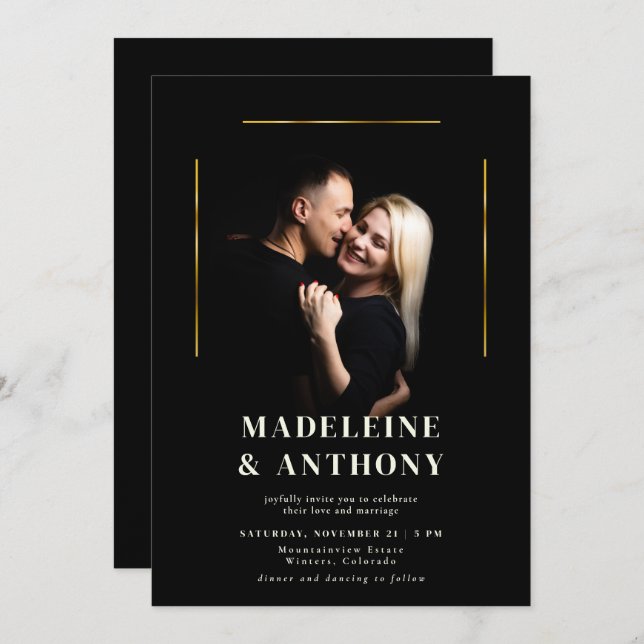 Modern Elegant Gold Lines Simple Photo Wedding Invitation (Front/Back)