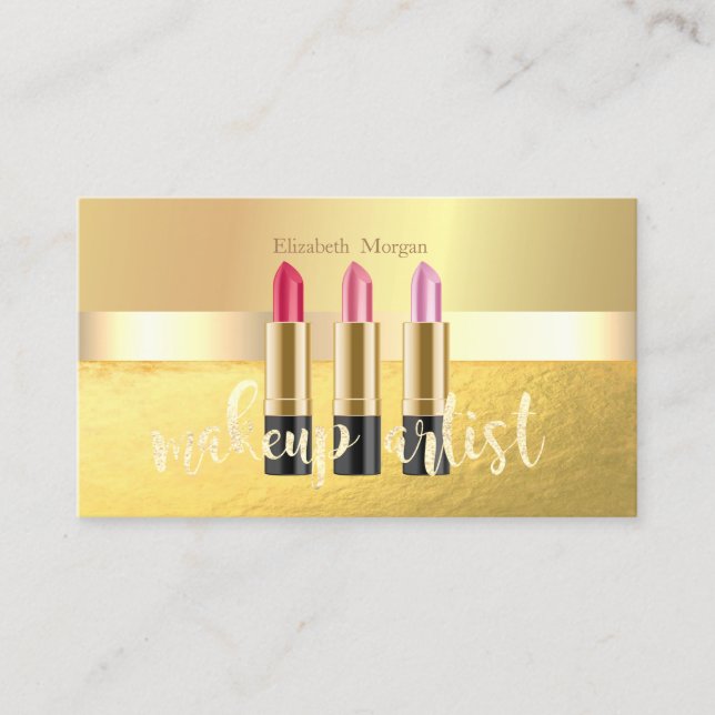 Modern Elegant  Gold,Lipstick,Makeup Artist Business Card (Front)
