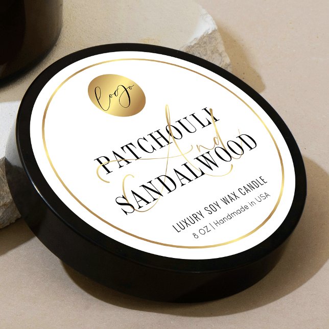 Modern Elegant Gold Logo Candles Packaging Classic Round Sticker (Elegant white and gold round product label, great for candle jars, diffusers or a product box)