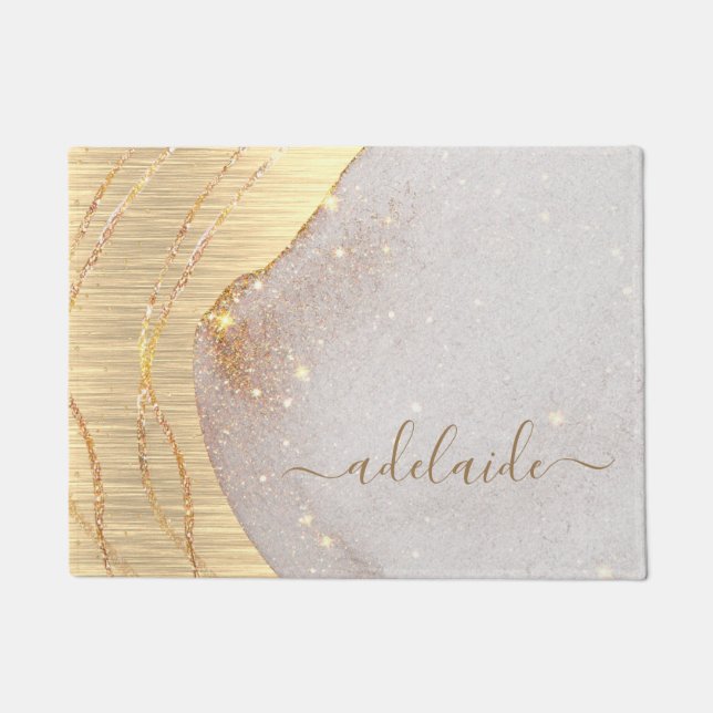 Modern Elegant Gold Monogram Script Name Welcome Doormat (Front)