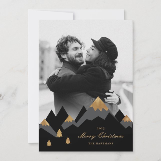 Modern Elegant Gold Mountains Photo Christmas Holiday Card (Front)