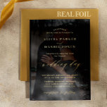 Modern elegant gold overlay photo black wedding<br><div class="desc">Elegant simple minimalist romantic transparent photo black wedding invitation template featuring a classy stylish chic trendy faux gold calligraphy script.              Easy to personalise with 1 or 2 engagement pictures and your details! The invitation is suitable for formal modern weddings.</div>