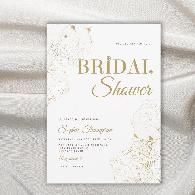 Modern Elegant Gold Peonies Sketch Bridal Shower Invitation (modern gold peonies floral sketch bridal shower invitation elegant sophisticated feminine classy)