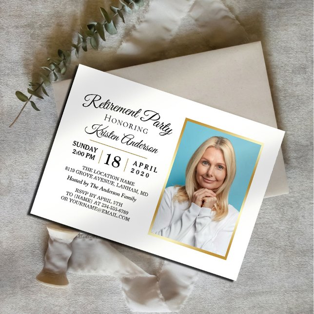 Modern Elegant Gold Photo Retirement Party Invitation (Creator Uploaded)