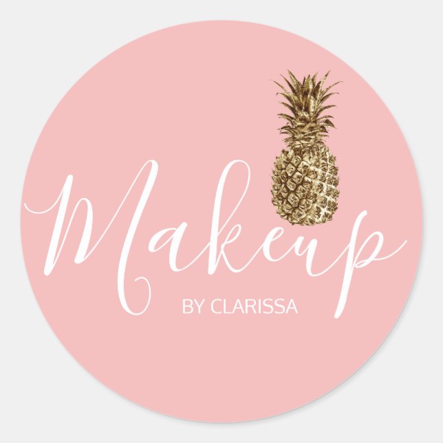 Modern elegant gold pineapple pink makeup classic round sticker (Front)
