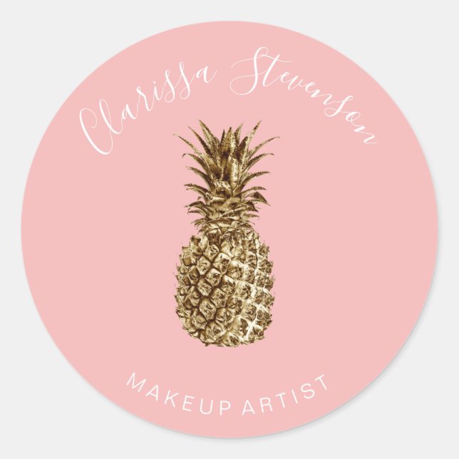 Modern elegant gold pineapple pink makeup classic round sticker (Front)