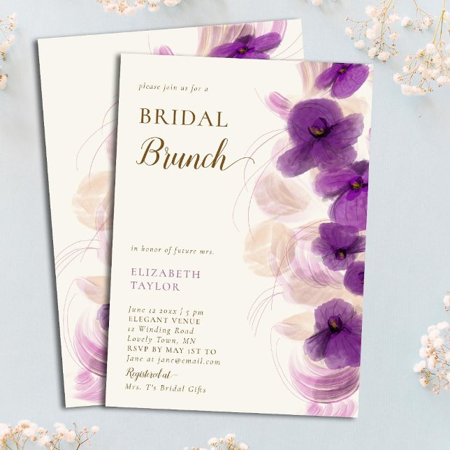 Modern Elegant Gold Purple Orchids Bridal Brunch Invitation (Creator Uploaded)