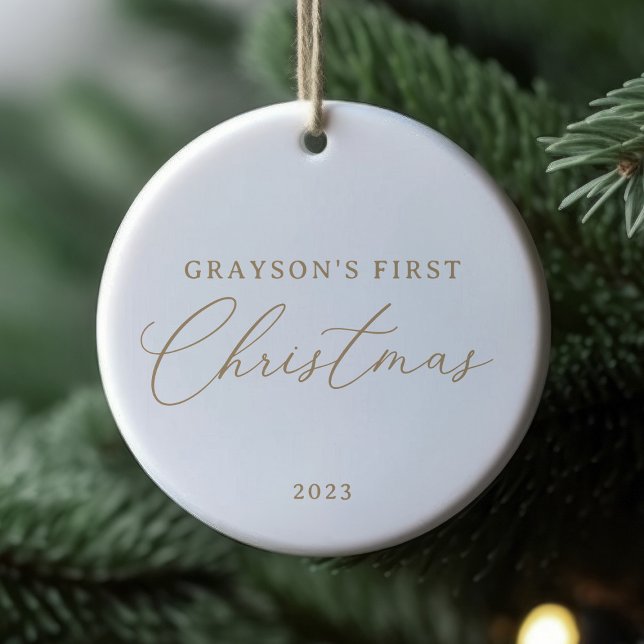 Modern Elegant Gold Script Baby's First Christmas  Ceramic Ornament (Creator Uploaded)